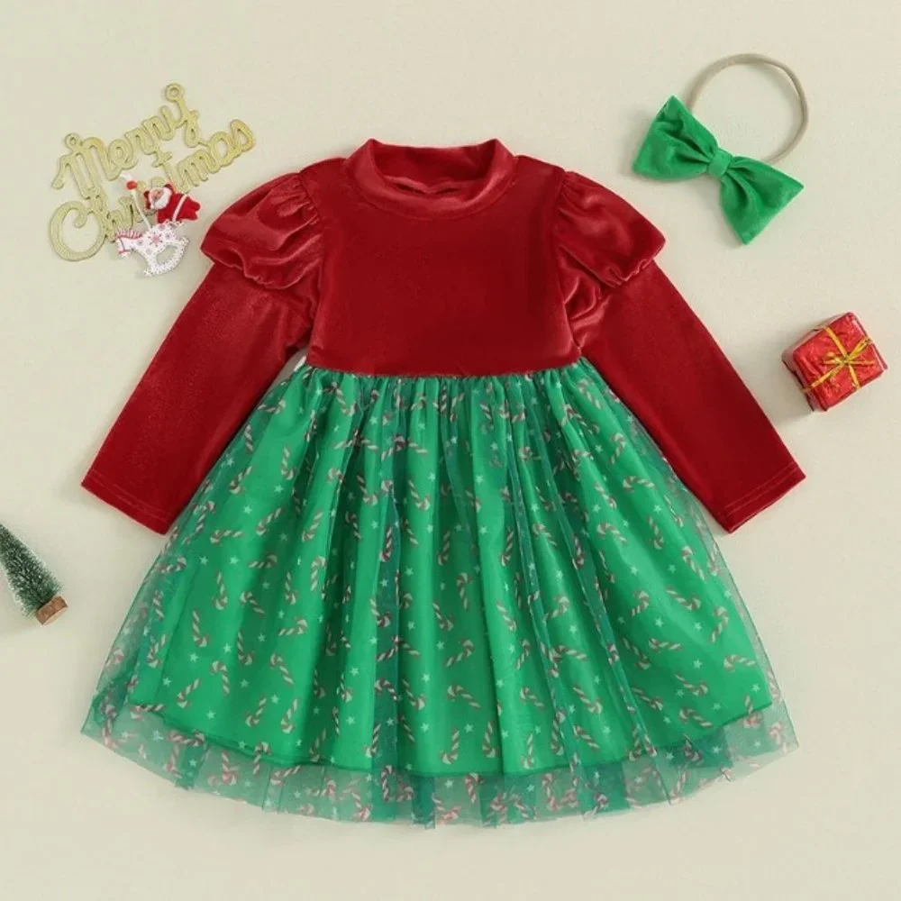 Christmas Girls Candy Cane Long Sleeve Velour Dress and Headband